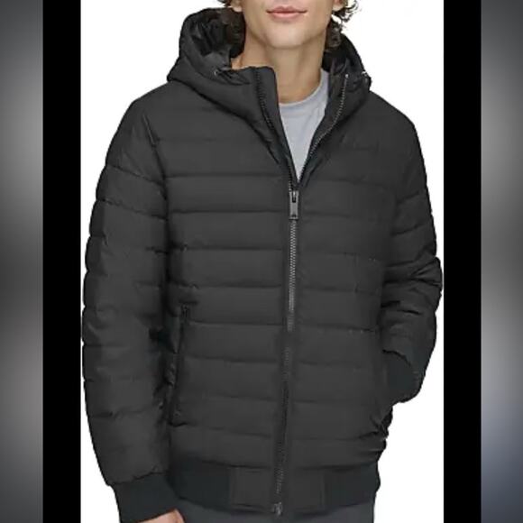 DNKY Men’s Puffer Stadium Jacket Coat Faux Leather Hoodie Winter Black Large - Picture 1 of 13